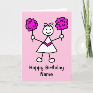 Cute Girl Cheerleader Pink Birthday Card Kaart