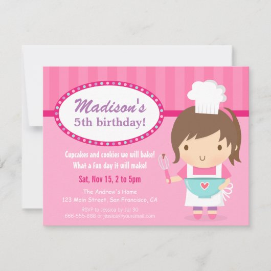Cute Girl Chef Cooking Baking Birthday Party Kaart (Voorkant)