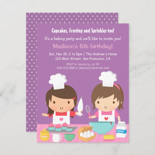 Cute Girl Chef Cupcake Baking Birthday Party Kaart (Voorkant / Achterkant)