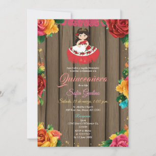 Cute Girl Colorful Flowers Rustic Wood Quinceañera Kaart