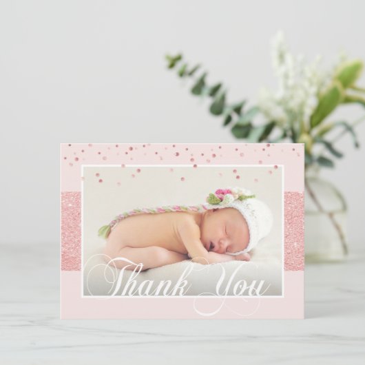 Cute Girl DANK JE Pink Rose Glitter | FOTO Aankondiging (Staand voorkant)