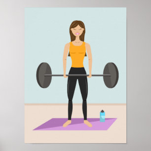 Cute Girl Deadlift Barbell Cartoon Illustratie Poster