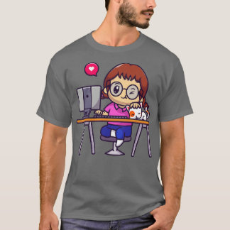 Cute Girl die werkt op een computer met een kat-Ca T-shirt