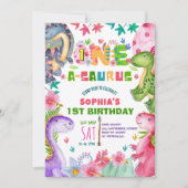 Cute Girl Dinosaur 1st Birthday Invitation Kaart (Voorkant)