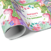 Cute Girl Dinosaur 1st Birthday Party Cadeaupapier (Rol Hoek)