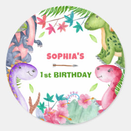 Cute Girl Dinosaur 1st Birthday Party Ronde Sticker