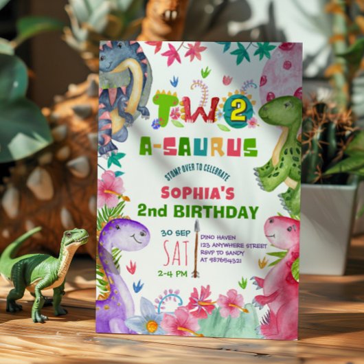 Cute Girl Dinosaur 2nd Birthday Invitation Kaart