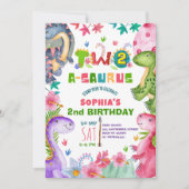 Cute Girl Dinosaur 2nd Birthday Invitation Kaart (Voorkant)