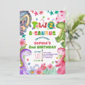 Cute Girl Dinosaur 2nd Birthday Invitation Kaart (Staand voorkant)
