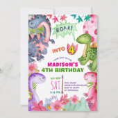 Cute Girl Dinosaur 4th Birthday Invitation Kaart (Voorkant)