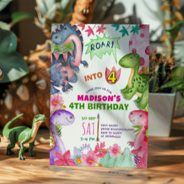 Cute Girl Dinosaur 4th Birthday Invitation Kaart