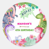 Cute Girl Dinosaur 4th Birthday Party Ronde Sticker (Voorkant)