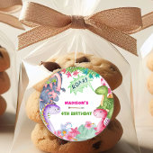 Cute Girl Dinosaur 4th Birthday Party Ronde Sticker