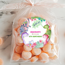 Cute Girl Dinosaur 4th Birthday Party Ronde Sticker