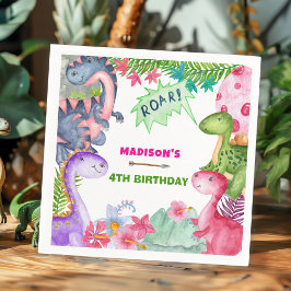 Cute Girl Dinosaur 4th Birthday Party Servet