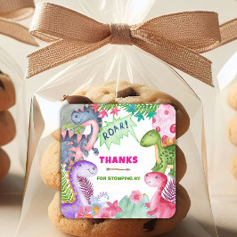 Cute Girl Dinosaur 4th Birthday Thank You Vierkante Sticker