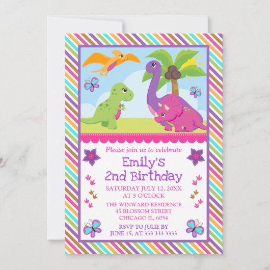 Cute Girl Dinosaur Friends Kids Birthday Kaart (Voorkant)