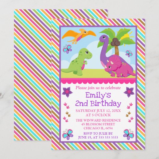 Cute Girl Dinosaur Friends Kids Birthday Kaart (Voorkant / Achterkant)