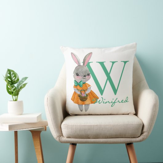 Cute Girl Easter Bunny Initial & Name Throw Pillow Kussen (Stoel)