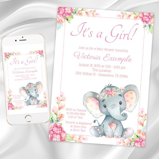 Cute Girl Elephant Baby shower Kaart