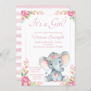 Cute Girl Elephant Baby shower Kaart