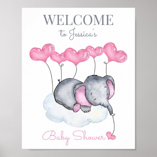Cute Girl Elephant Baby shower Welcome Sign Poster (Voorkant)
