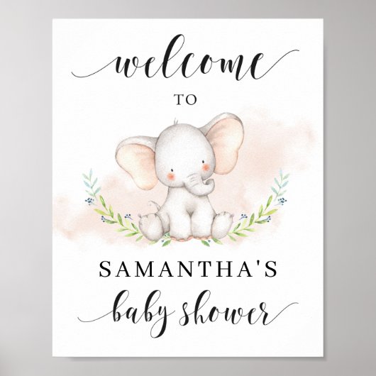 Cute Girl Elephant Baby shower Welcome Sign Poster (Voorkant)