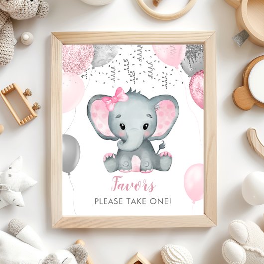 Cute Girl Elephant Balloons Baby shower Favors Poster