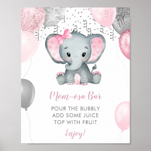Cute Girl Elephant Balloons Baby shower Momosa Poster (Voorkant)
