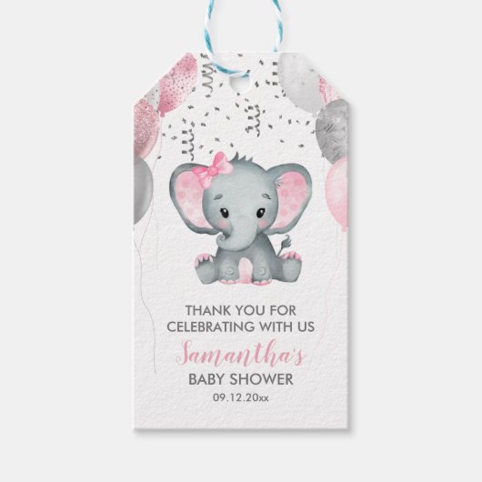 Cute Girl Elephant Pink Balloons Baby shower Cadeaulabel (Voorkant)