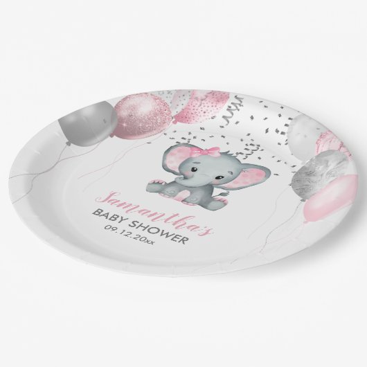 Cute Girl Elephant Pink Balloons Baby shower Papieren Bordje (Gekanteld)