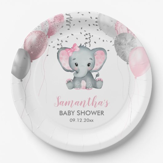 Cute Girl Elephant Pink Balloons Baby shower Papieren Bordje (Voorkant)