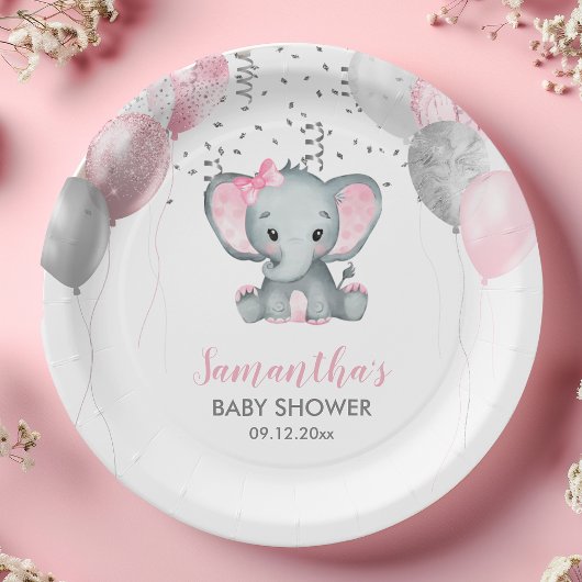 Cute Girl Elephant Pink Balloons Baby shower Papieren Bordje