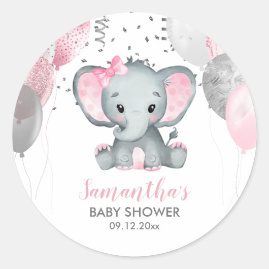 Cute Girl Elephant Pink Balloons Baby shower Ronde Sticker (Voorkant)