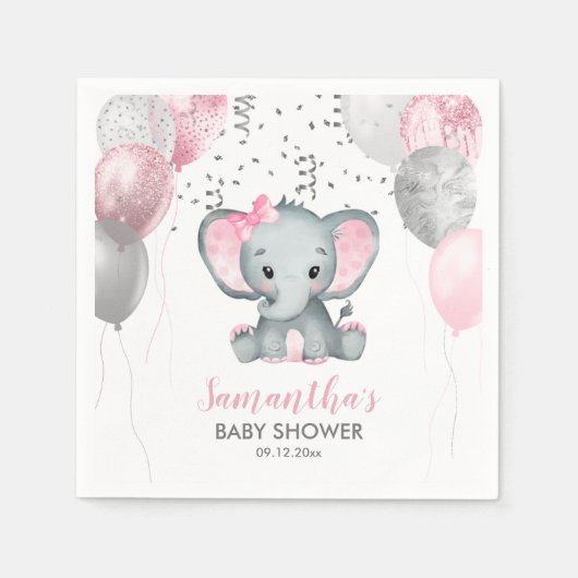 Cute Girl Elephant Pink Balloons Baby shower Servet (Voorkant)