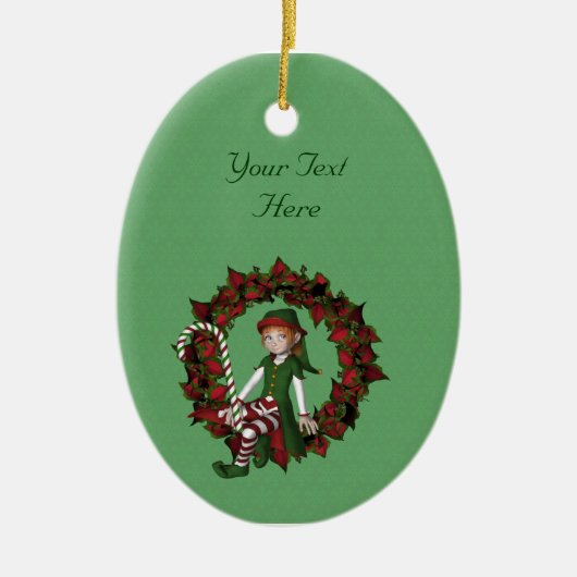 Cute Girl Elf Poinsettia Wreath Holiday Keramisch Ornament (Voorkant)