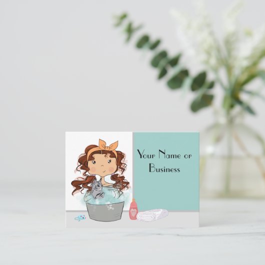 Cute Girl en Cat Bath Pet Grooming Visitekaartje (Staand voorkant)