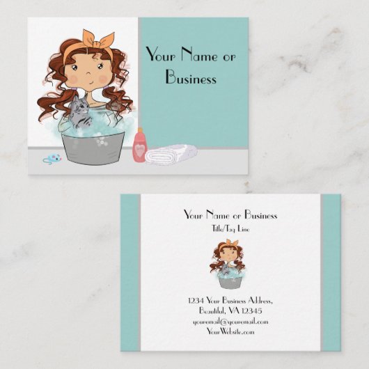Cute Girl en Cat Bath Pet Grooming Visitekaartje (Voorkant / Achterkant)