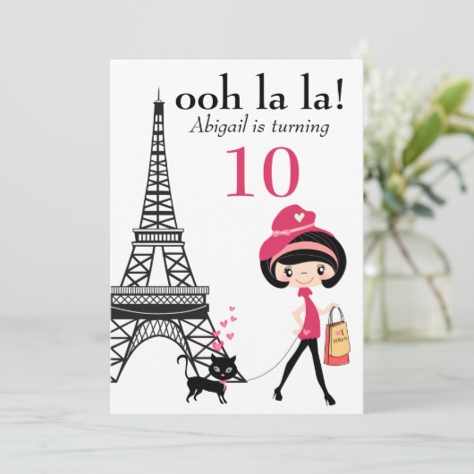 Cute Girl en Cat Paris Eiffel Tower Birthday Kaart (Staand voorkant)