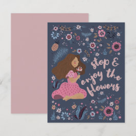 Cute Girl en Flowers - Stop en geniet van de bloem Notitiekaartje