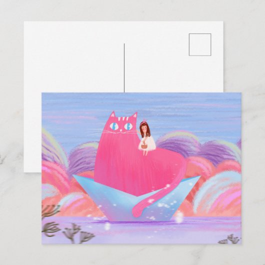 Cute Girl en The Big Cat Briefkaart (Voorkant / Achterkant)