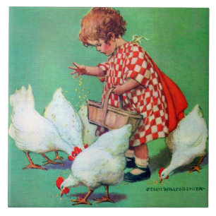 Cute Girl Feeding Hens van Jessie Willcox Smith Tegeltje