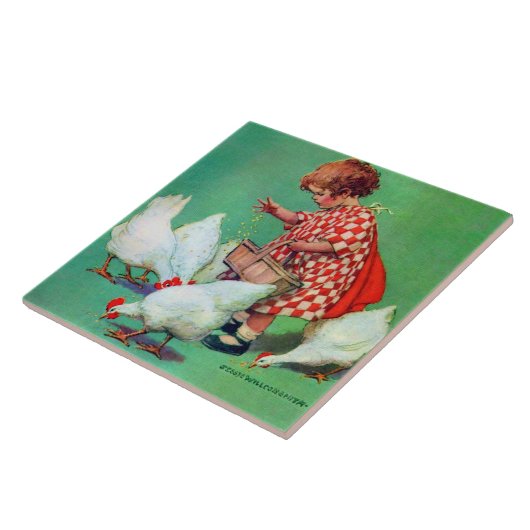Cute Girl Feeding Hens van Jessie Willcox Smith Tegeltje (Zijkant)