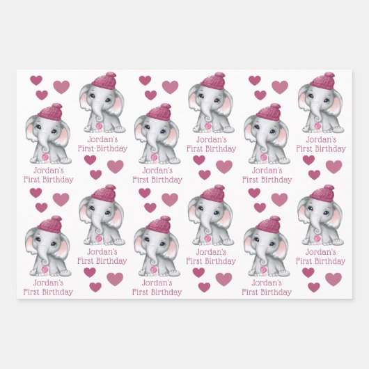 Cute Girl First Birthday Pink Elephant Personalize Inpakpapier Vel (Voorkant 2)