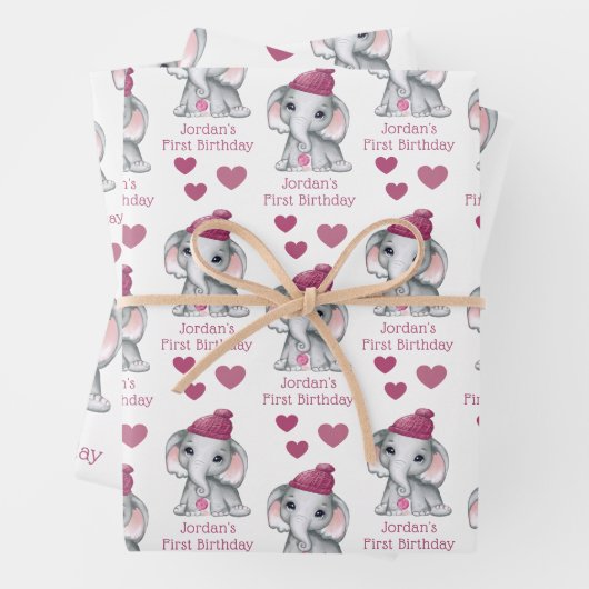Cute Girl First Birthday Pink Elephant Personalize Inpakpapier Vel (In situ)
