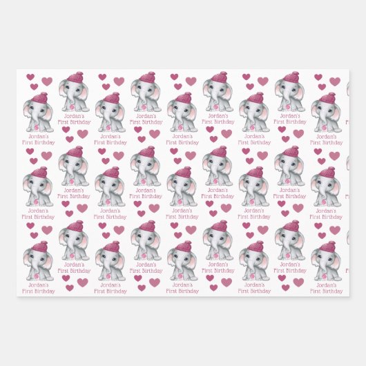 Cute Girl First Birthday Pink Elephant Personalize Inpakpapier Vel (Voorkant)
