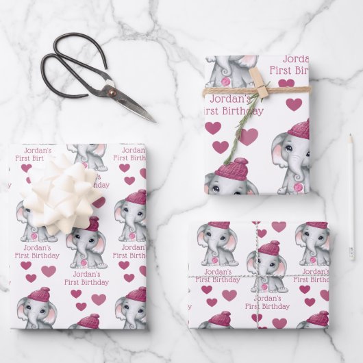 Cute Girl First Birthday Pink Elephant Personalize Inpakpapier Vel (Voorkant)