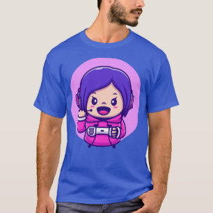 Cute Girl Gaming Holding Joystick Cartoon T-shirt