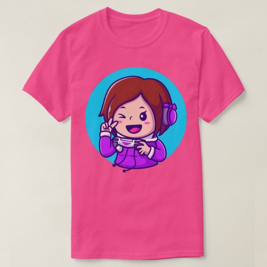 Cute Girl Gaming Holding Joystick met handmatige v T-shirt (Design voorkant)