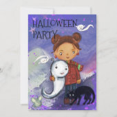 Cute Girl, Ghost, & Black Cat | Kids Spooktacular Kaart (Voorkant)